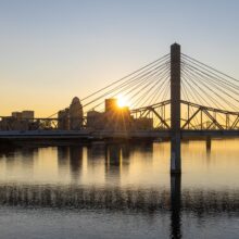 Sunset over downtown Louisville, Kentucky as seen from the Ohio River.