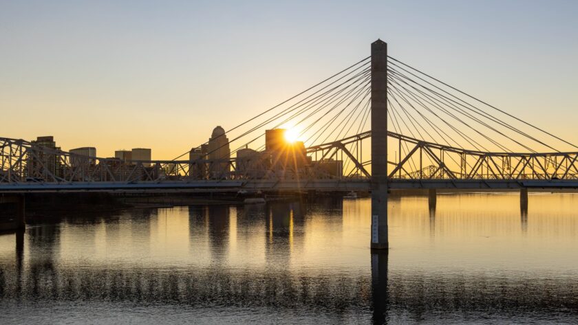 Sunset over downtown Louisville, Kentucky as seen from the Ohio River.