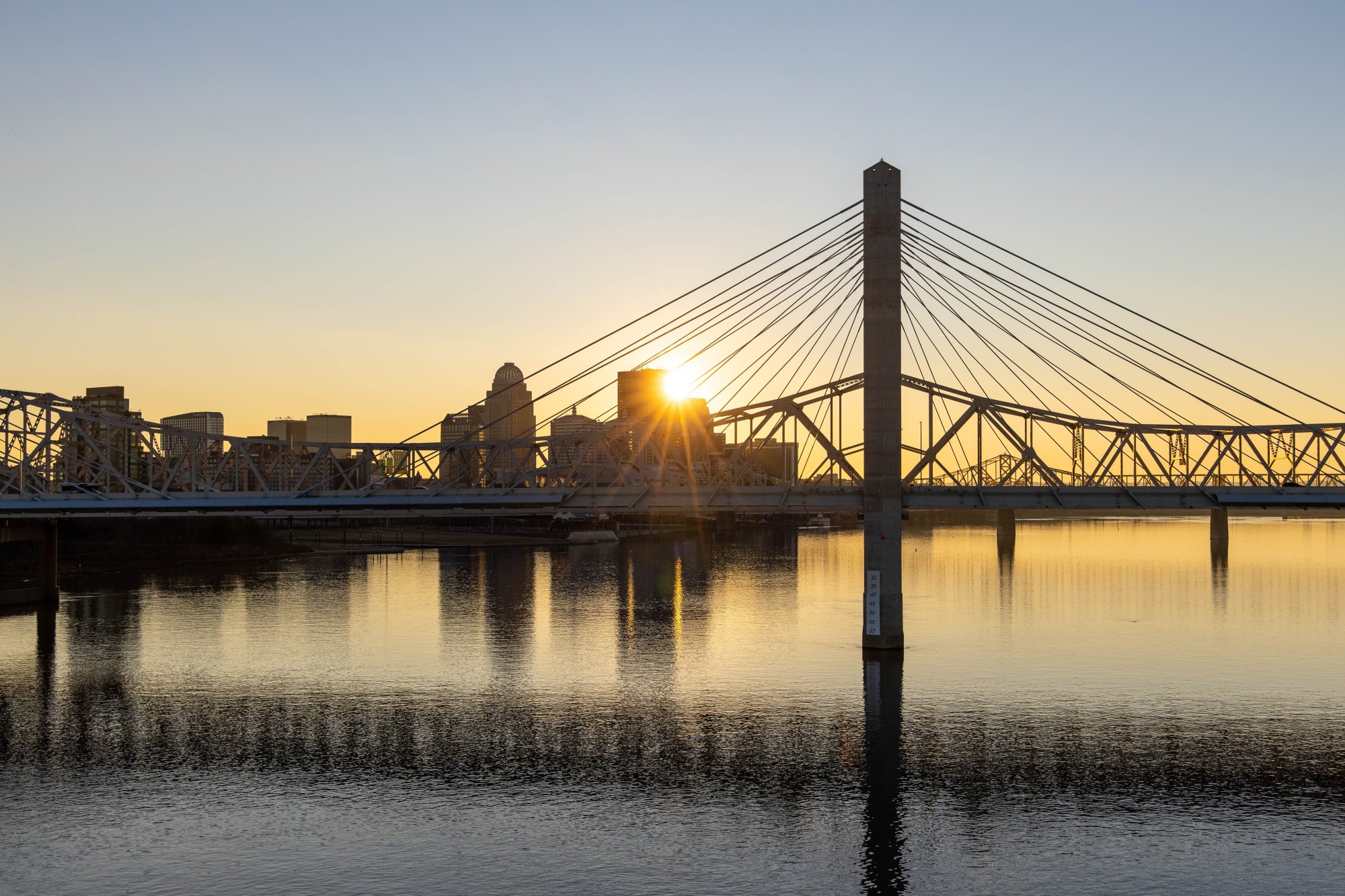 Sunset over downtown Louisville, Kentucky as seen from the Ohio River.