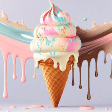 a waffle cone with colorful melting ice-cream