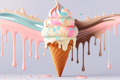 a waffle cone with colorful melting ice-cream