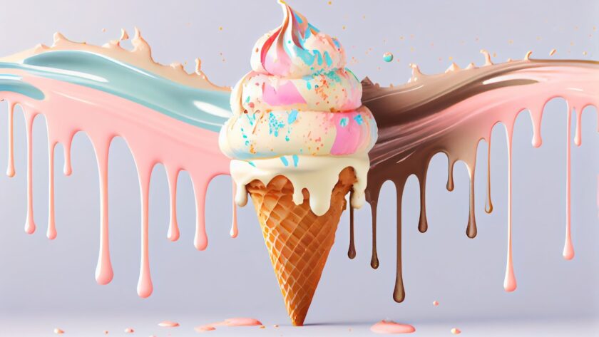 a waffle cone with colorful melting ice-cream