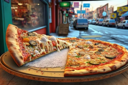 Pizza and a view of the city