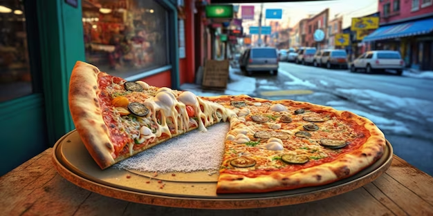 Pizza and a view of the city