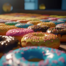 Close-up view of assorted varieties of donuts.