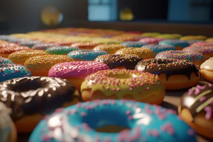 Close-up view of assorted varieties of donuts.