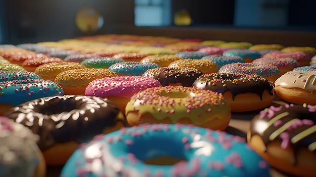 Close-up view of assorted varieties of donuts.