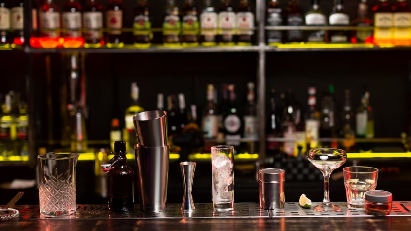 Bar Counter with Glasses and Bartending Tools