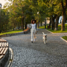 A person walking her dog in the park