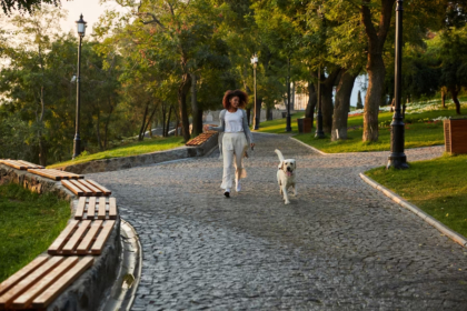 A person walking her dog in the park