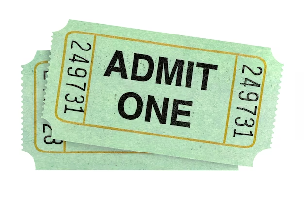Two green tickets displaying the text "admit one."