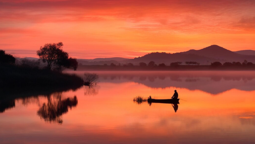 Silhouette of fisherman in a boat on the river