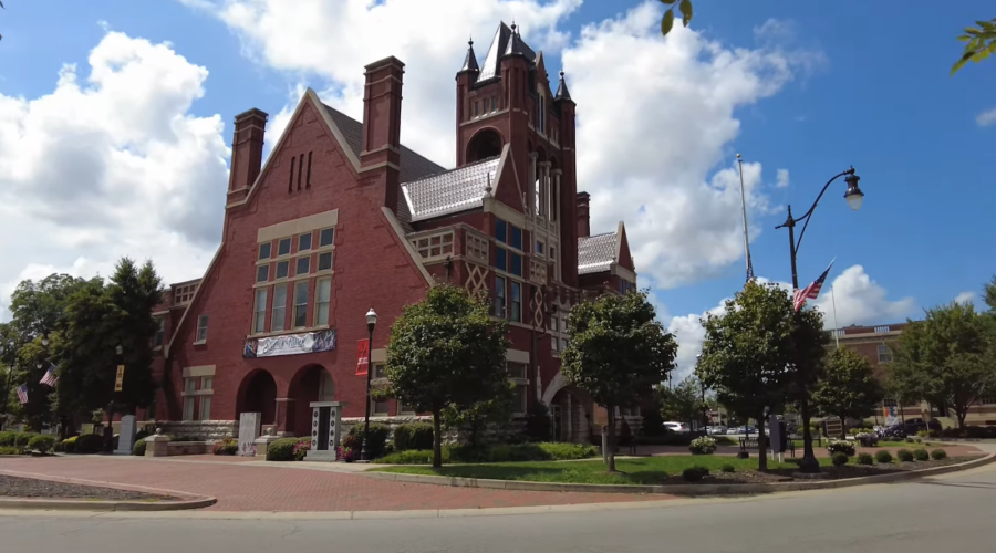 brown buildings near the street with grass and trees near it