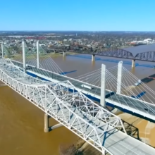 two bridges on the river and landscape of the city